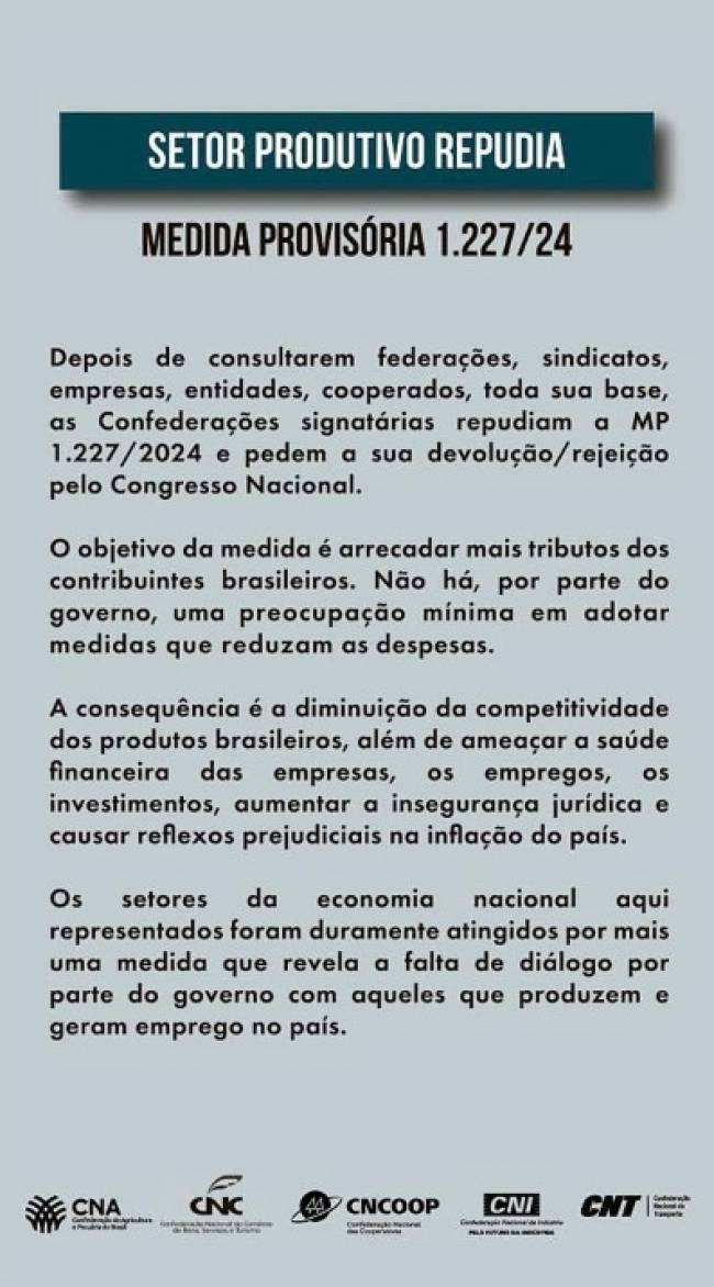 NTC&Logística apoia repúdio à MP que modifica a legislação tributária e solicita devolução pelo Congresso